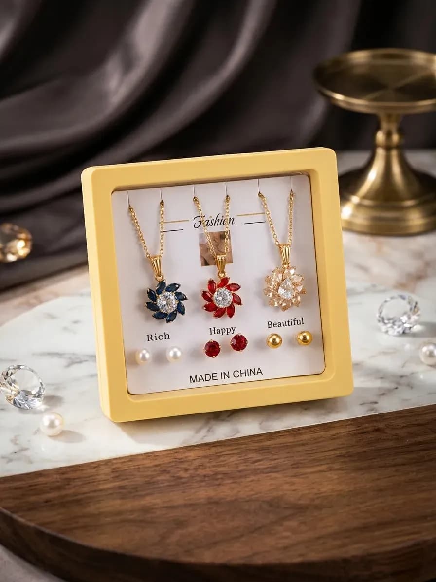 Women Funky Multicolor Crystal Pendant Set Gold Plated