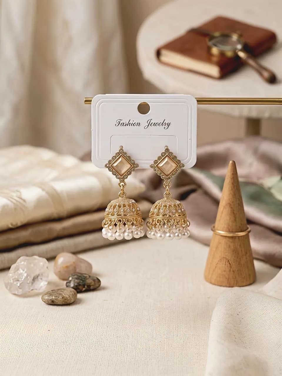 Golden Crystal Jhumka Earrings for Women