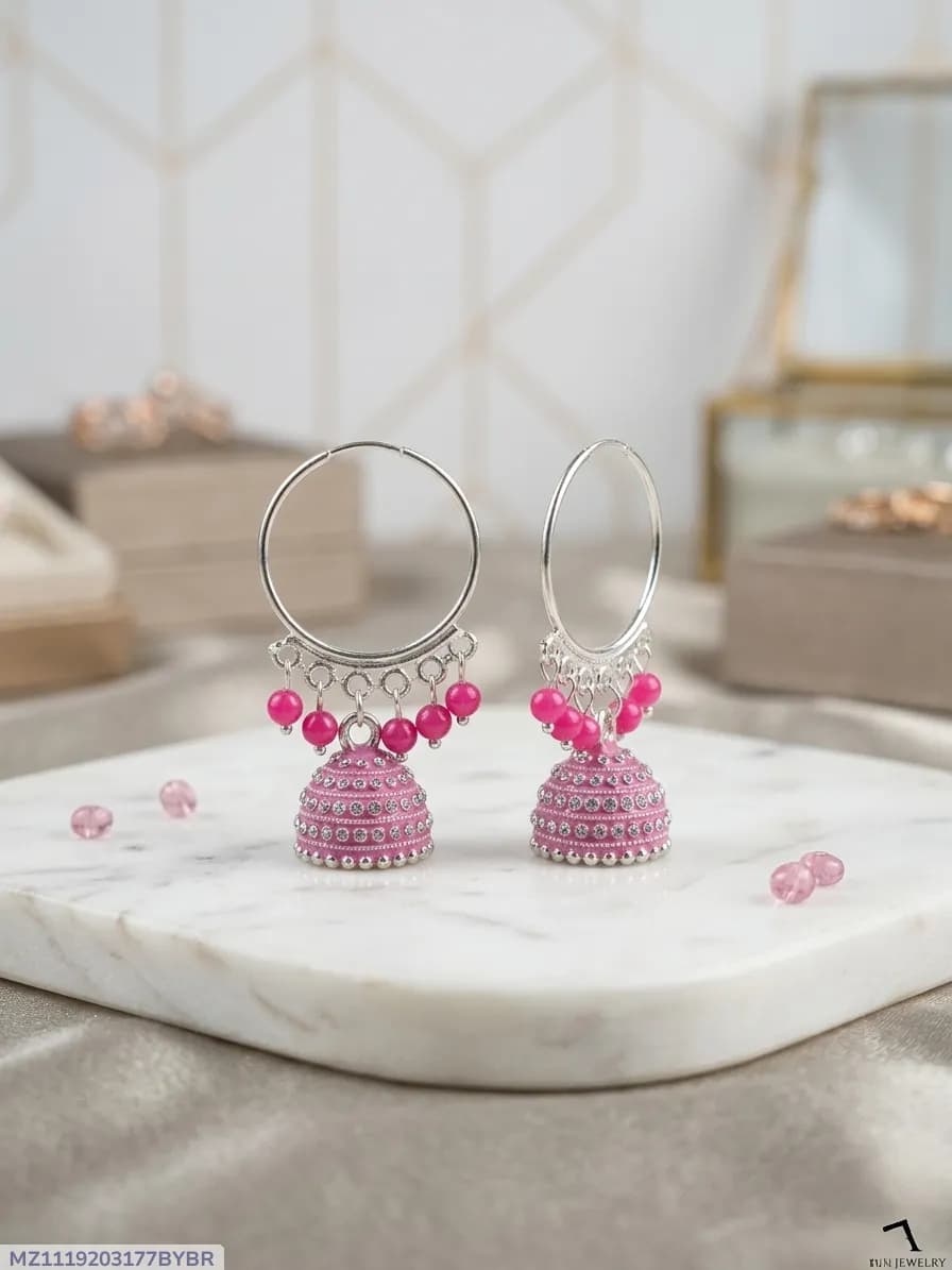 Women Funky Crystal Jhumka Earrings Silver Plated 2 Pcs