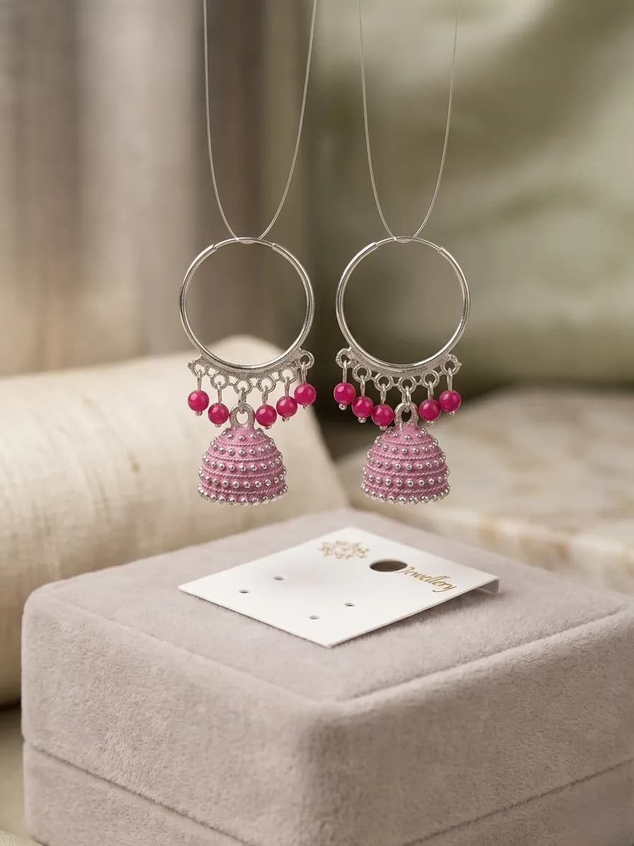 Women Funky Crystal Jhumka Earrings Silver Plated 2 Pcs