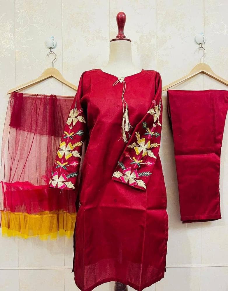 Women Katan Silk Embroidered Suit Red Dupatta Set