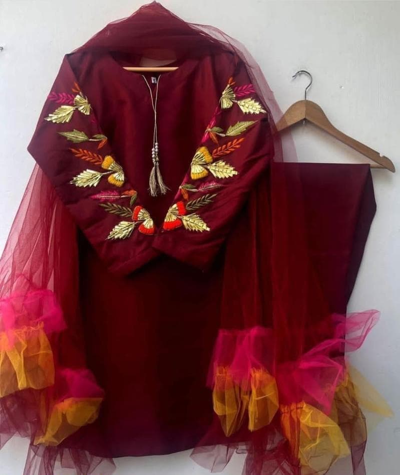 Women Katan Silk Embroidered Suit Red Dupatta Set