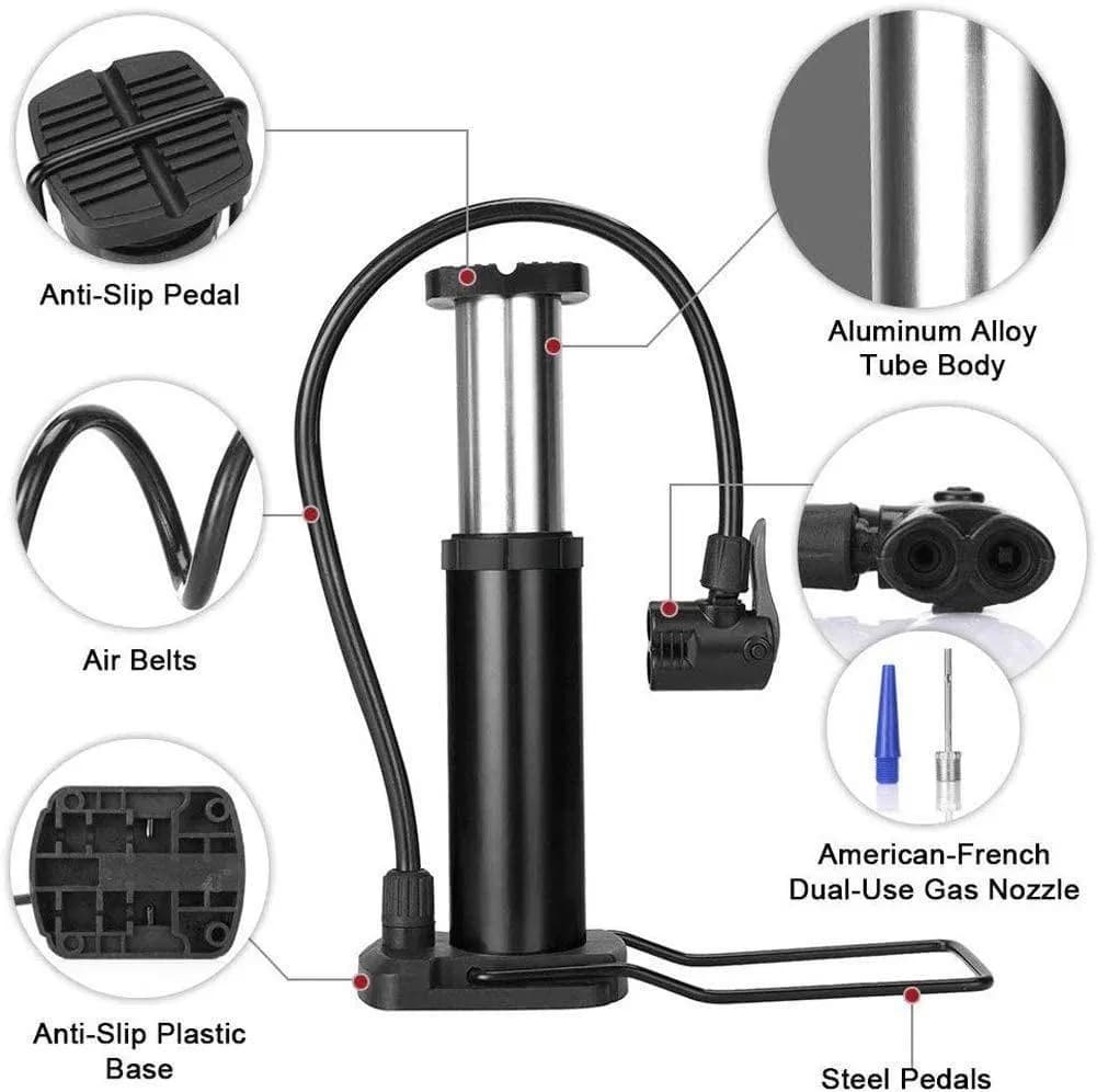 Heavy Duty Foot Tire Pump with Dual Nozzle for Bikes Cars