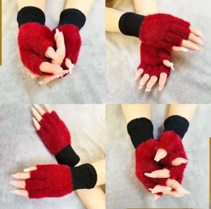 Red Black Fingerless Wool Gloves for Winter