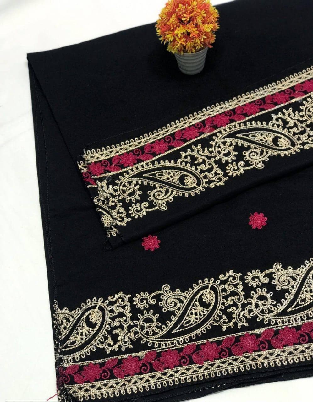 Black Swiss Embroidered Shawl Gold Red Paisley 2.25yrs