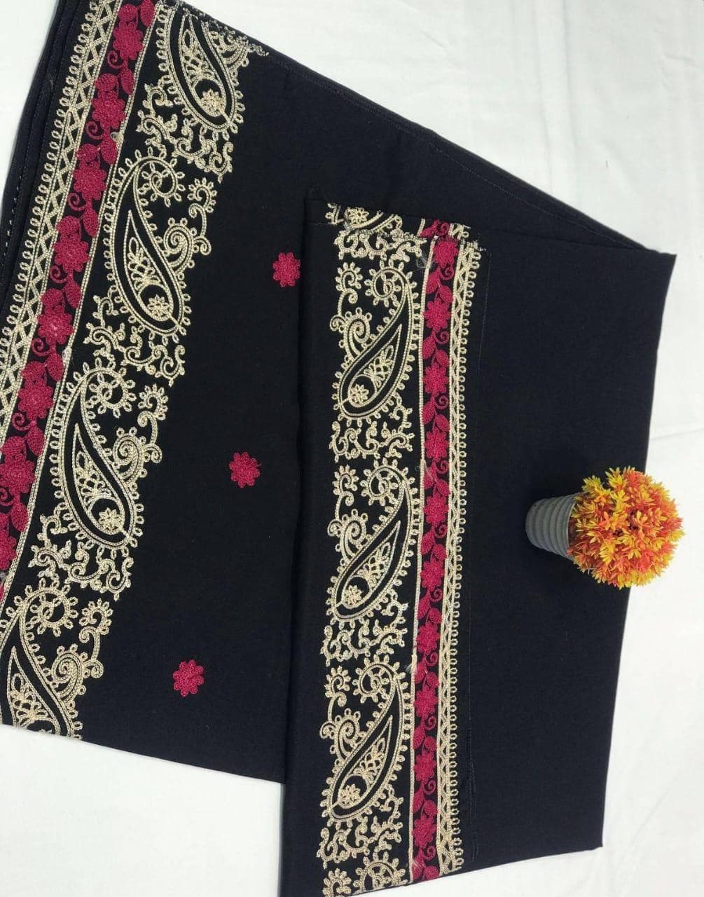 Black Swiss Embroidered Shawl Gold Red Paisley 2.25yrs