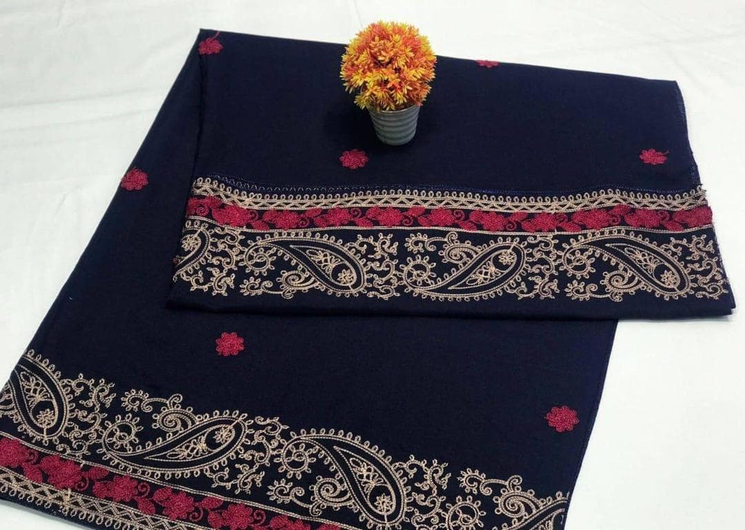 Swiss Embroidered Shawl Navy Gold Maroon Paisley