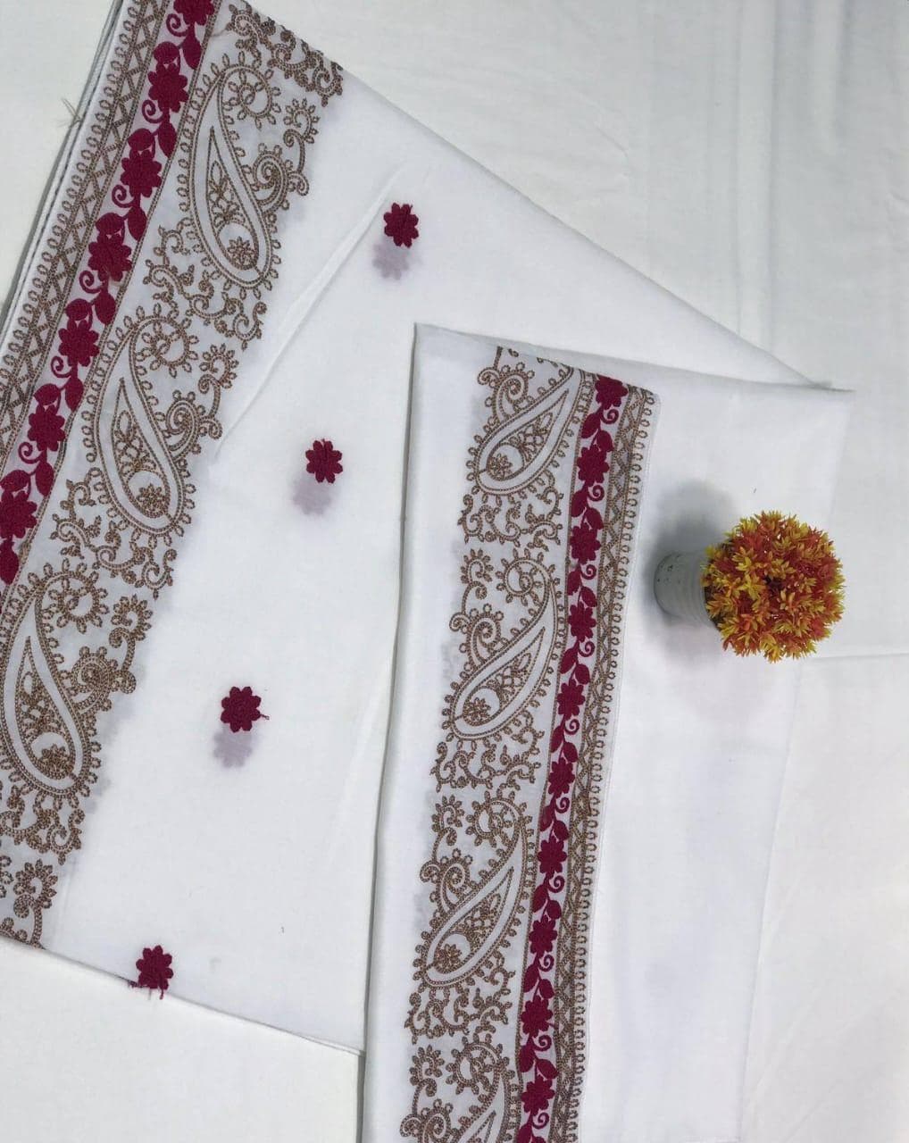 Swiss Embroidered Shawl Burgundy Gold Paisley