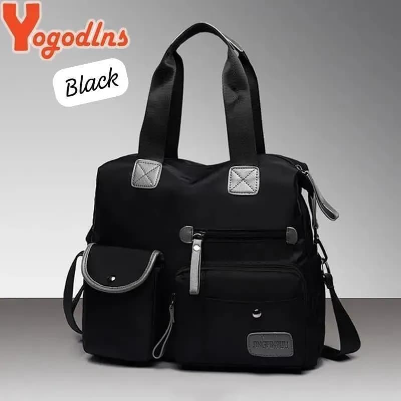Ladies Waterproof Nylon Shoulder Bag Black Multiple Pockets