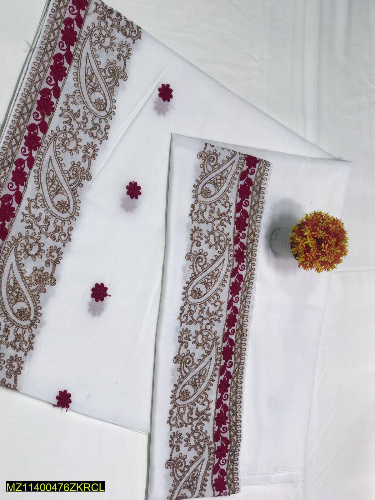 Swiss Embroidered Shawl White Maroon Paisley 2.5 Gazz