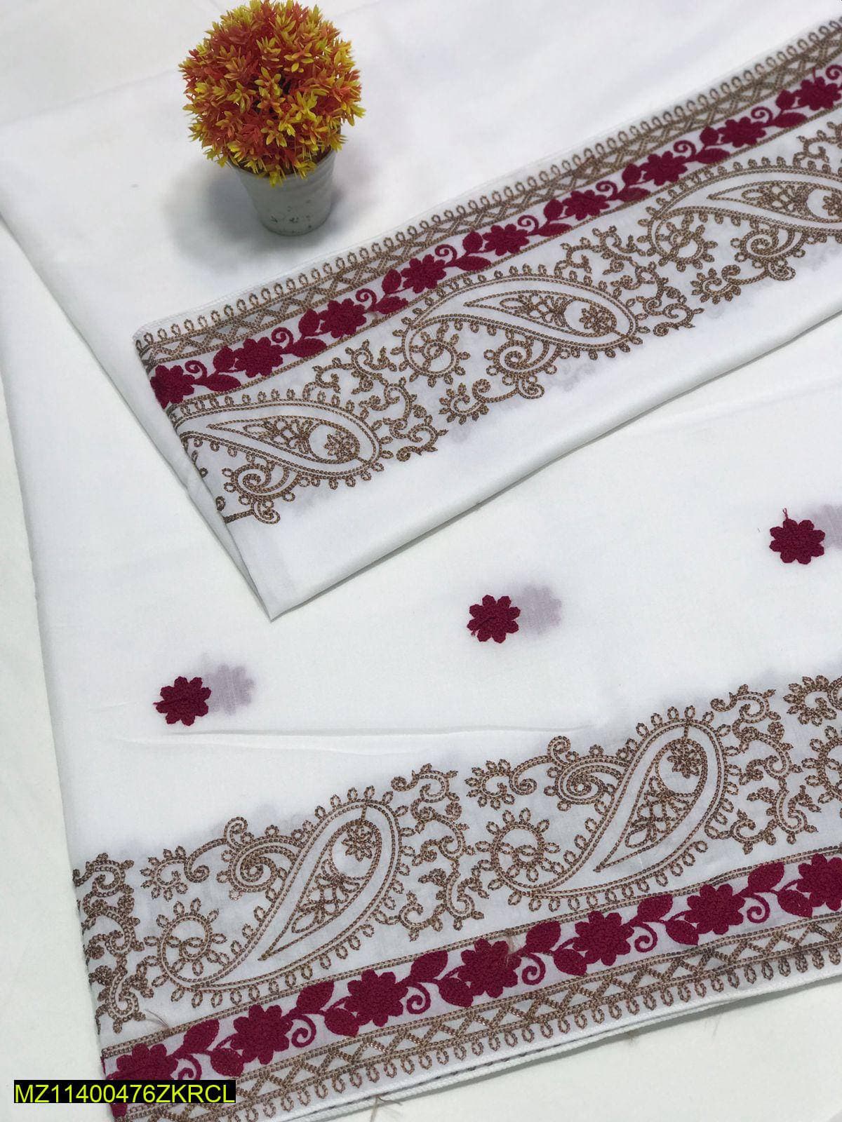 Swiss Embroidered Shawl White Maroon Paisley 2.5 Gazz