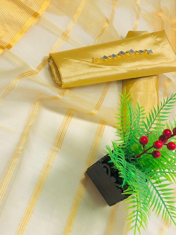 Premium Quality Chamki Kattan Suit with Golden Organza Dupatta