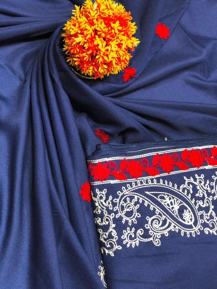 Swiss Lawn Shawl Navy Blue Red Floral Embroidery
