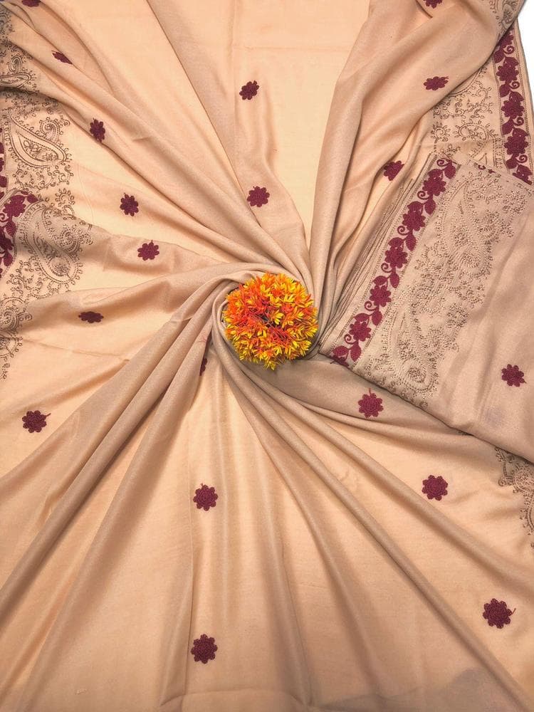 Swiss Lawn Shawl Beige Burgundy Embroidered