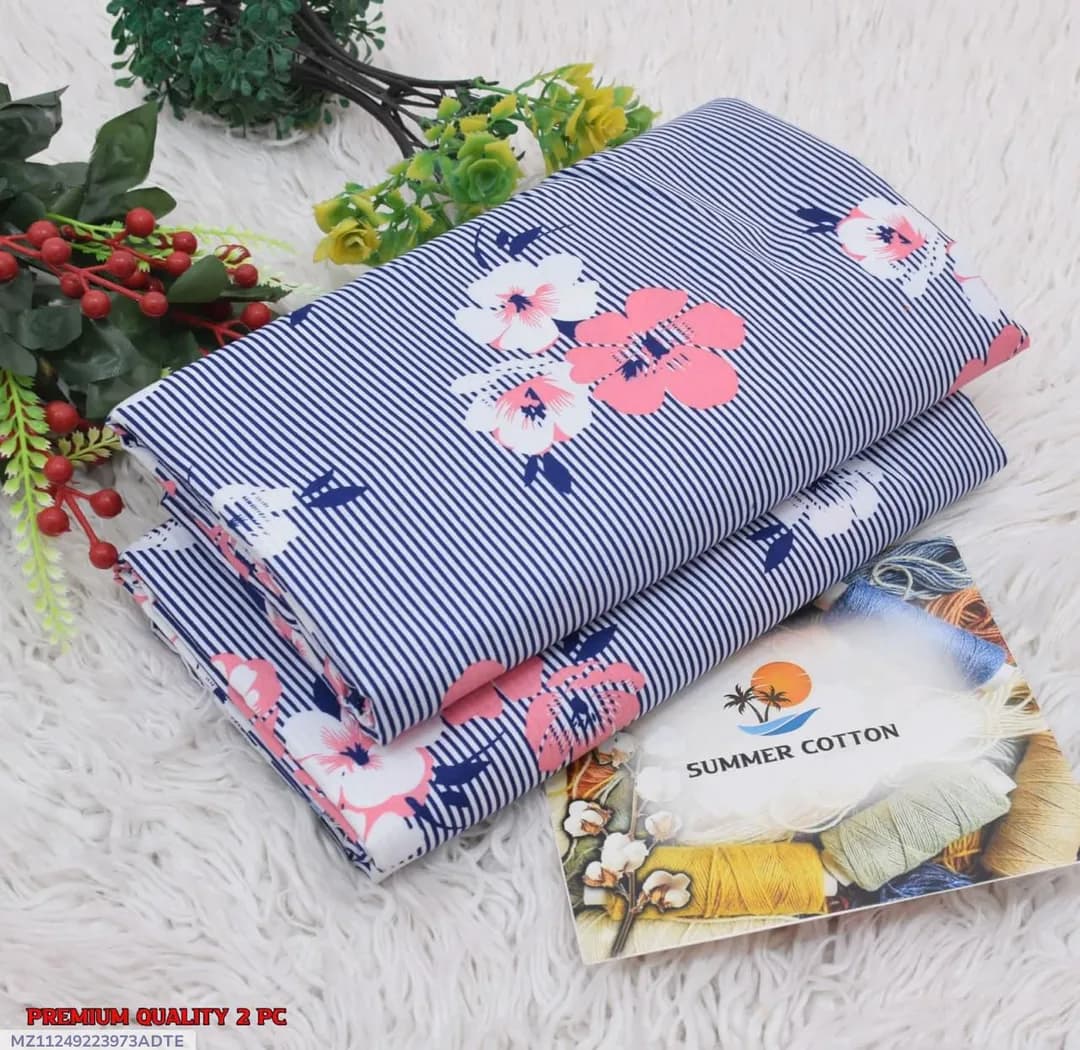 Women Blue Floral Cotton 2Pcs Suit Summer