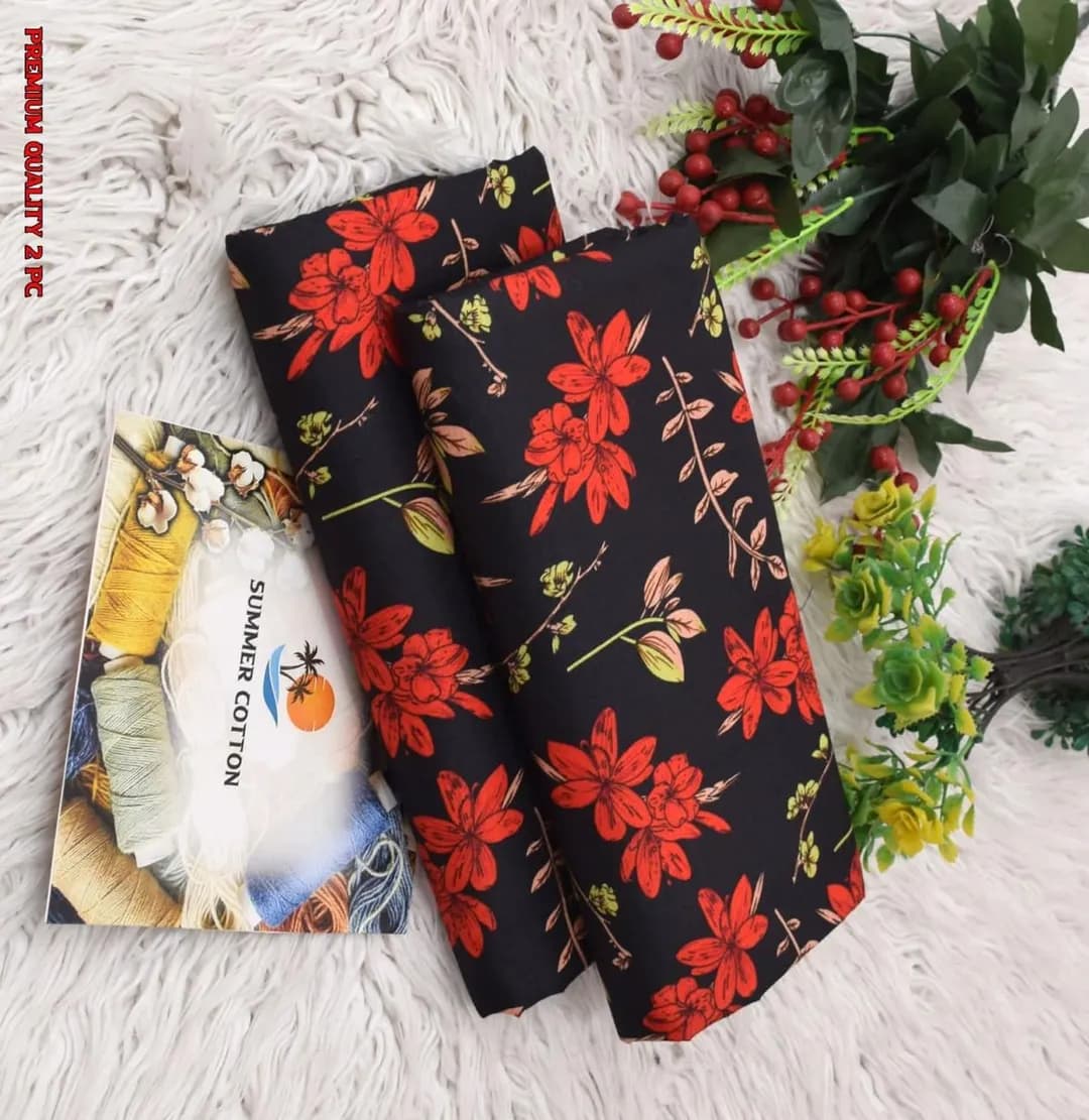Red Printed 2Pc Polo Cotton Suit Set for Women