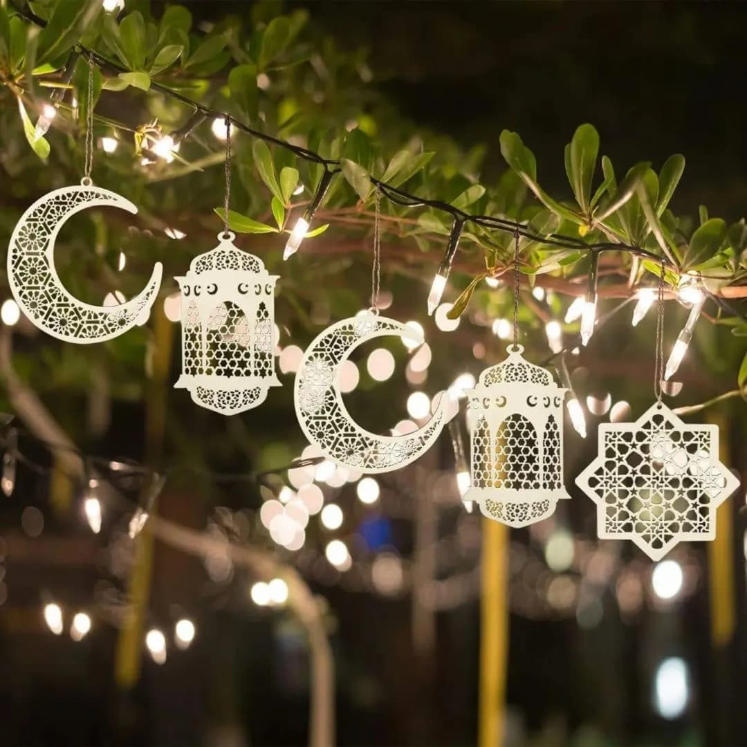 Islamic Wall Decor Crescent Moon Lantern Star Set White MDF 8"