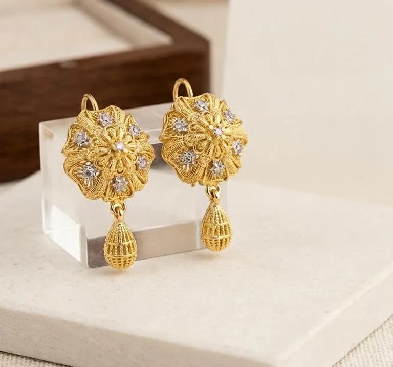 Gold Floral Earrings with Tassel Design