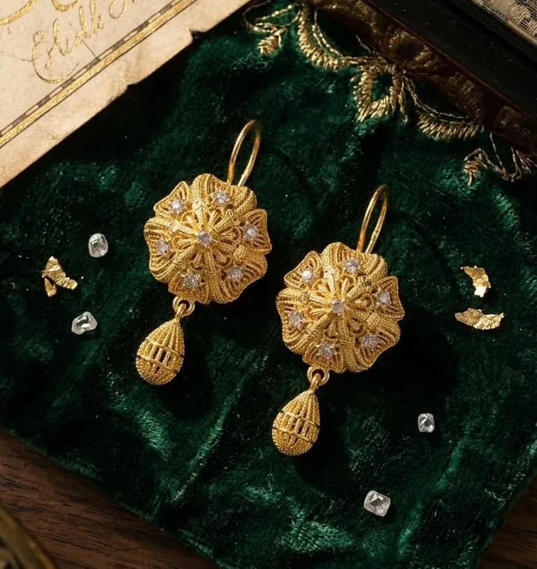 Gold Floral Earrings with Tassel Design