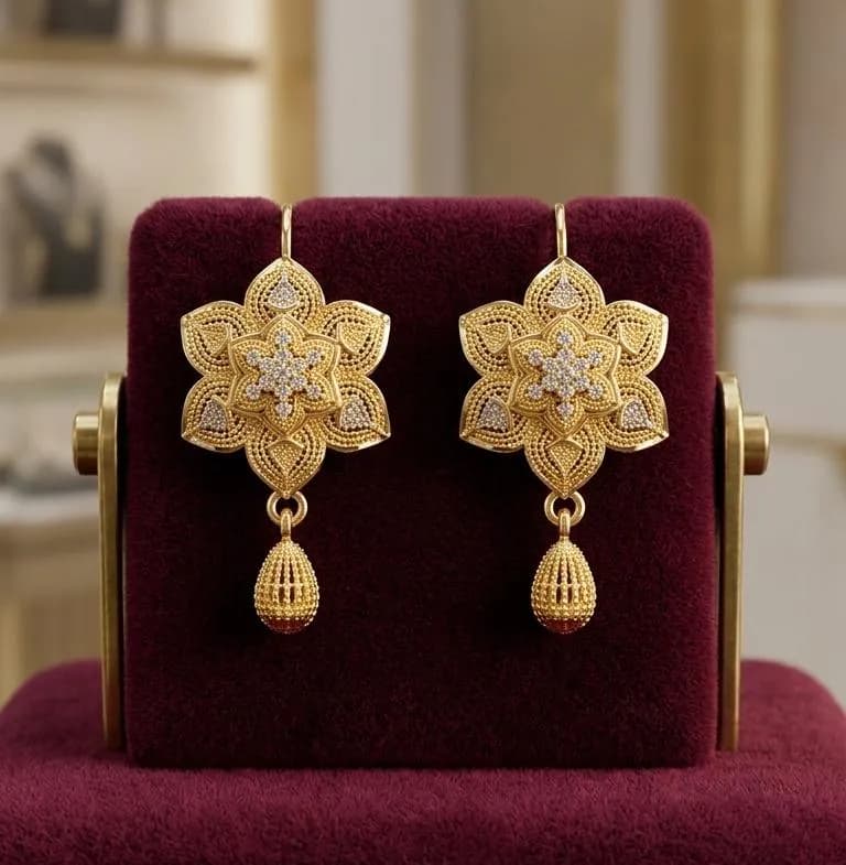 Golden Floral Earrings for Women, Gold Plated, Durable, Elegant Design