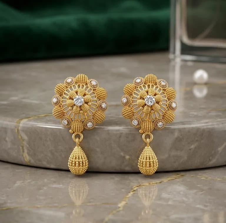 Golden Floral Earrings for Women, Gold Plated, Easy Wear