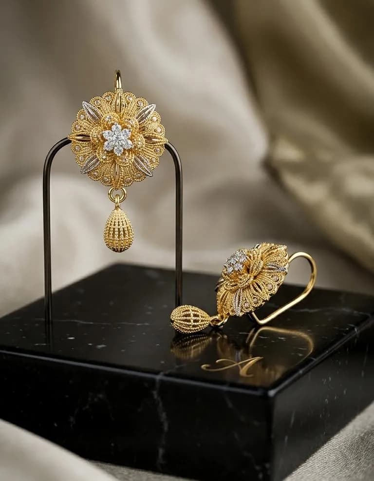 Golden Floral Earrings for Women, Gold Plated, Easy Wear