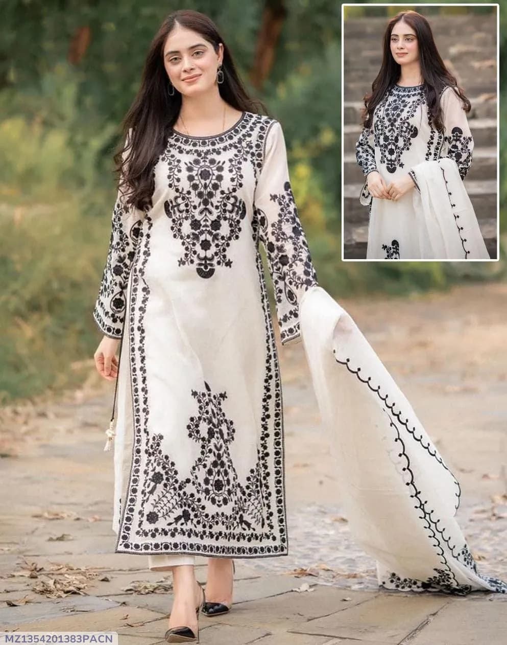 3 Pcs Women's Stitched Organza Embroidered Suit