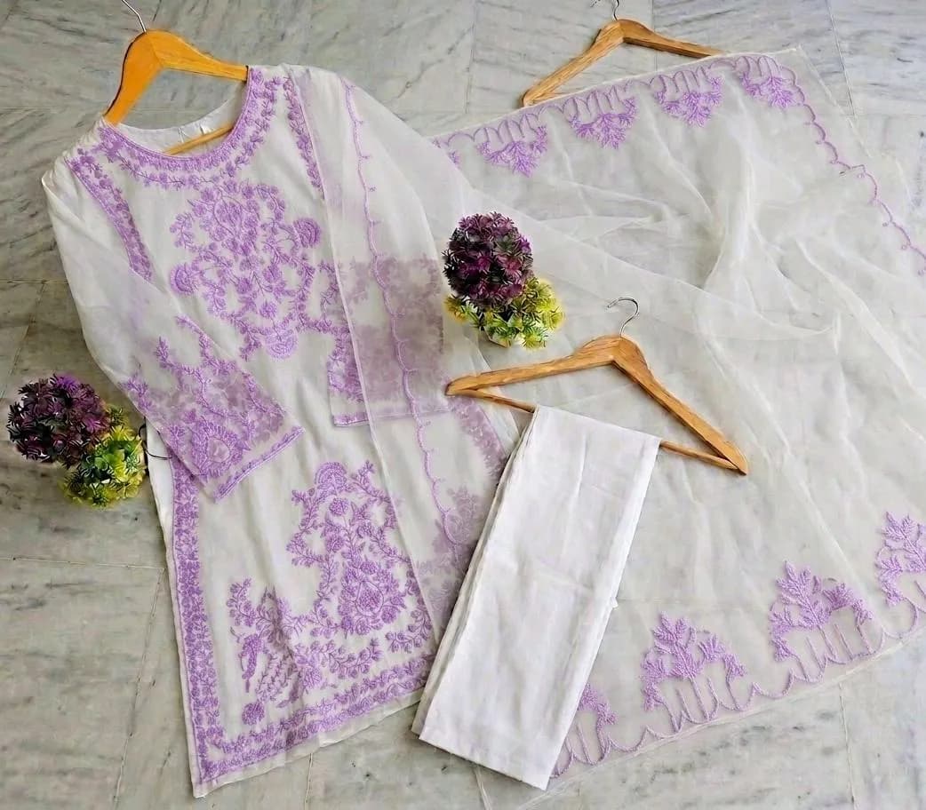 3 Pcs Women's Stitched Organza Embroidered Suit