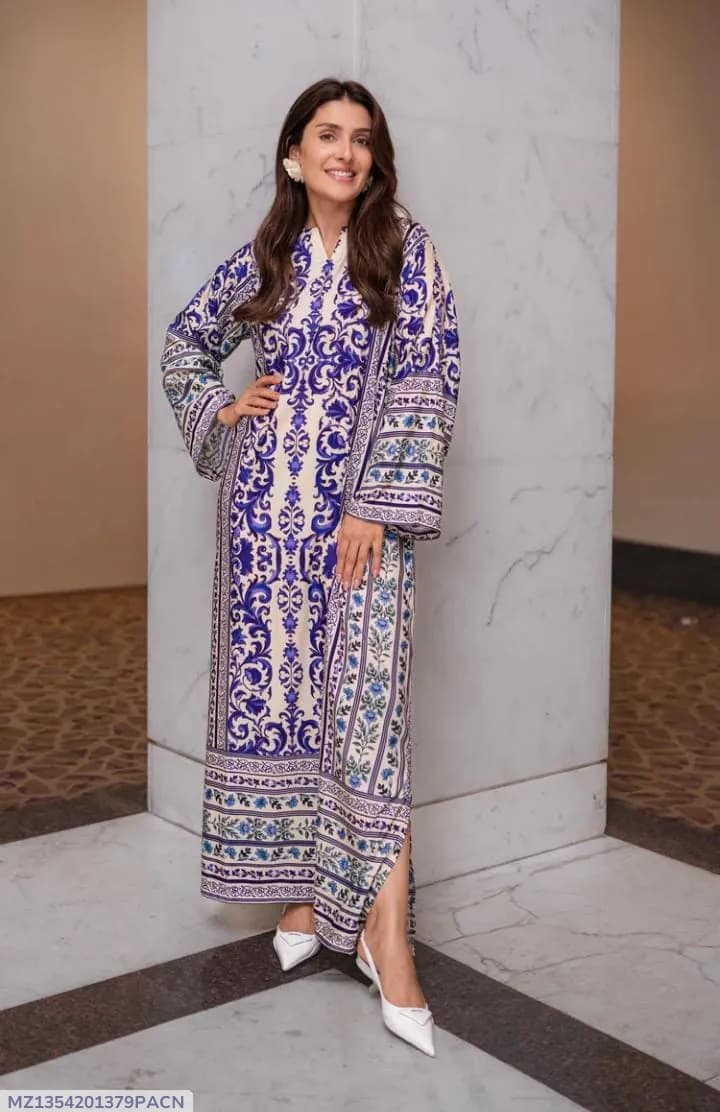 2 Pcs Women's Stitched Lawn Printed Shirt And Trouser