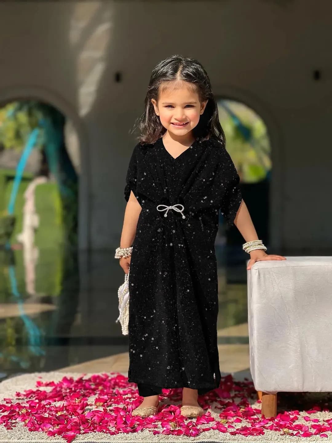 Girls Black Embroidered Kaftan Trouser Set 2Pcs