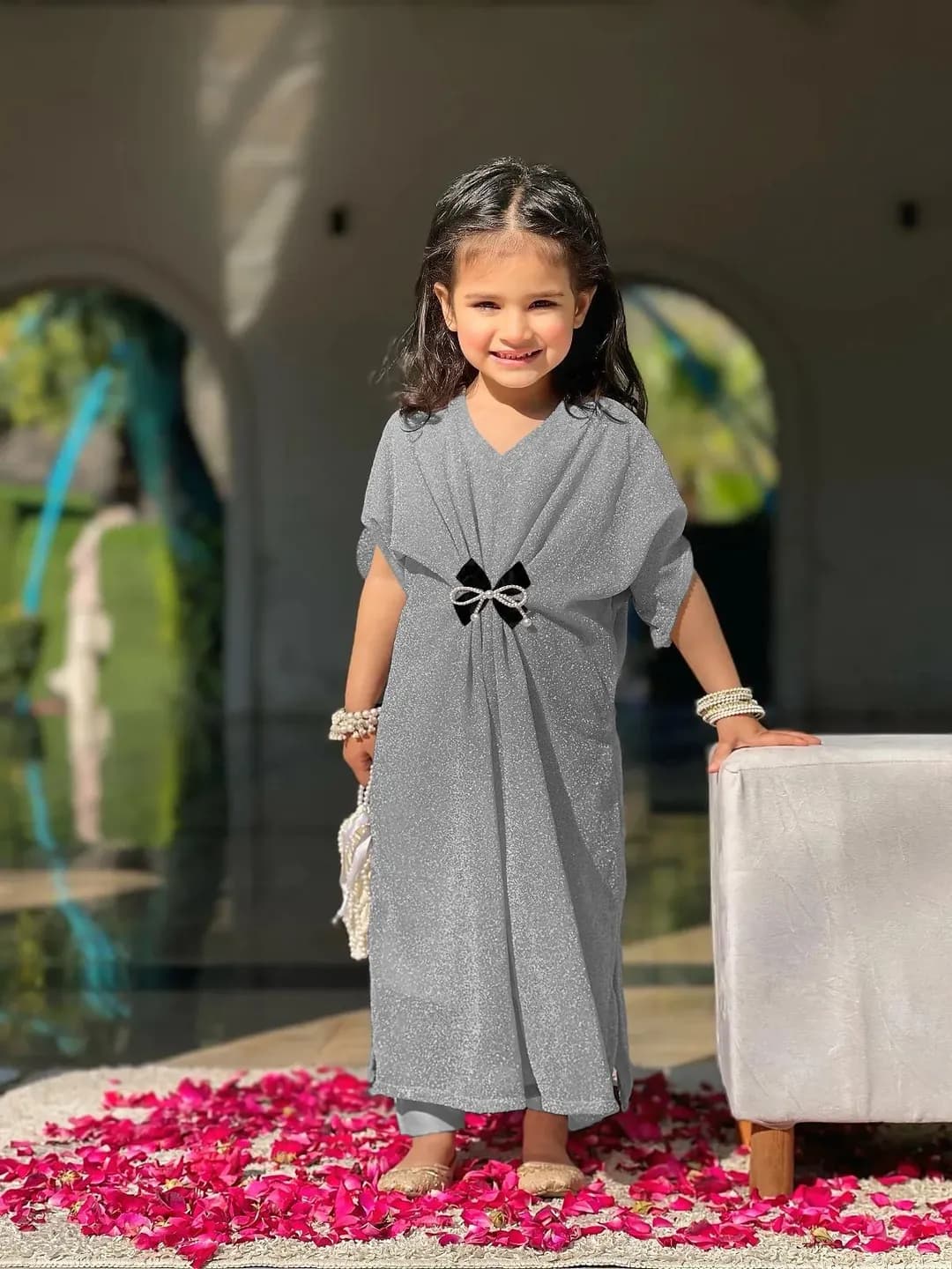 Girls Kaftan Set Grey 2Pcs 32-40 Size