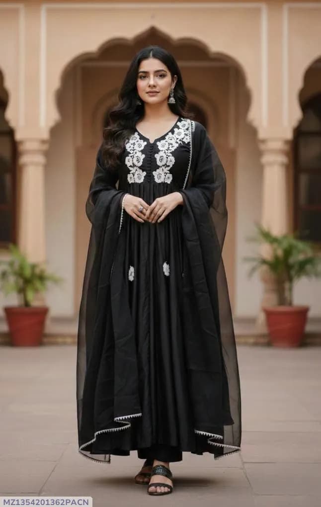 3 Pcs Women's Stitched Silk Embroidered Maxi Suit
