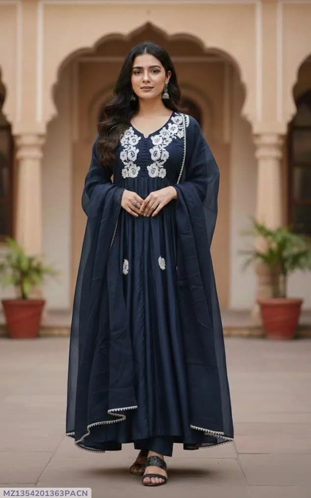 3 Pcs Women's Stitched Silk Embroidered Maxi Suit