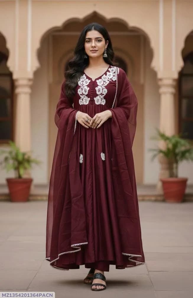 3 Pcs Women's Stitched Silk Embroidered Maxi Suit