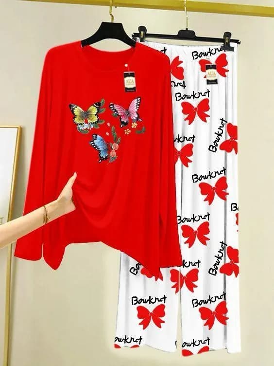 Red Butterfly Embroidered 2-Piece Night Suit for Women