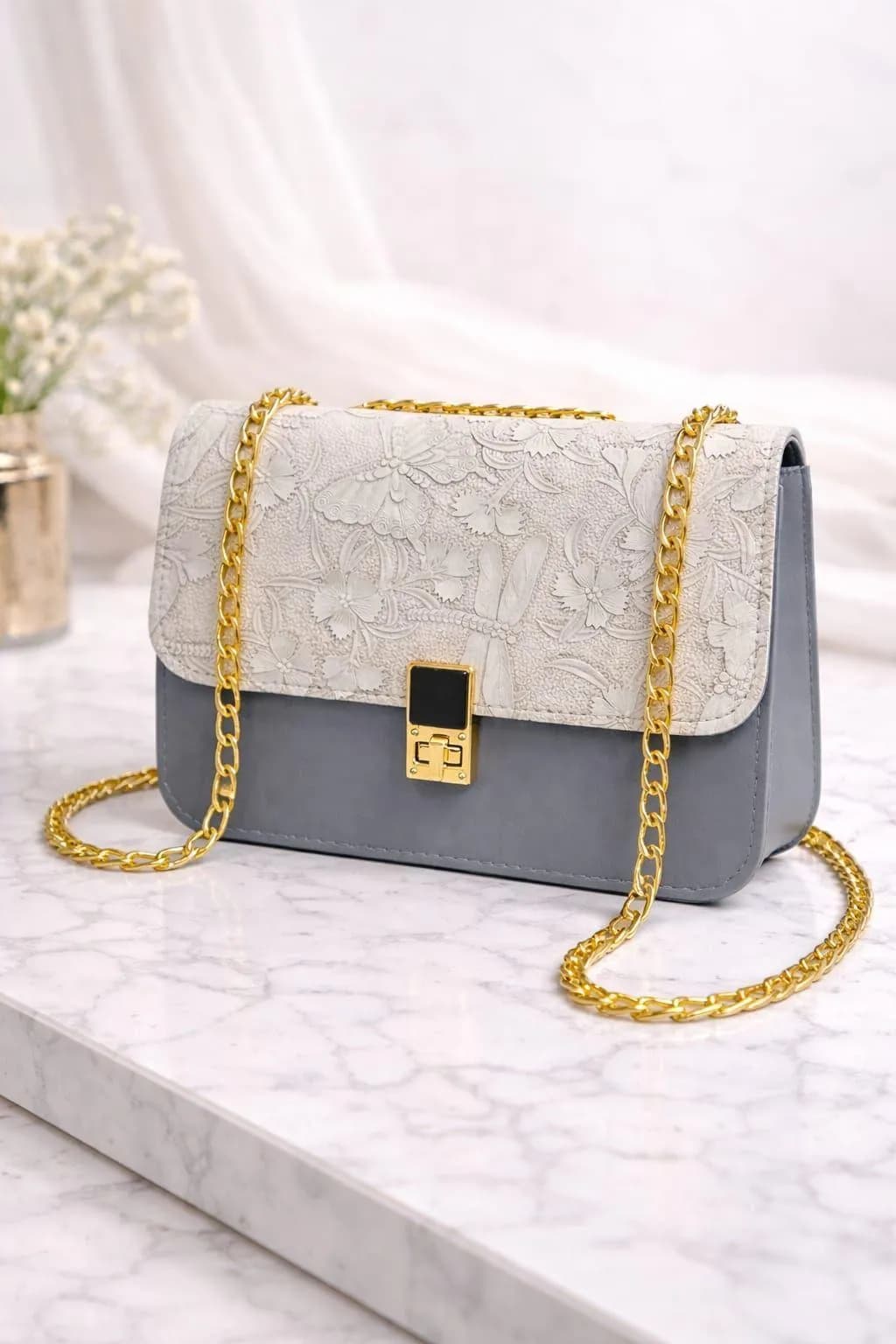 Grey Floral Embossed Chain Crossbody Bag for Women
