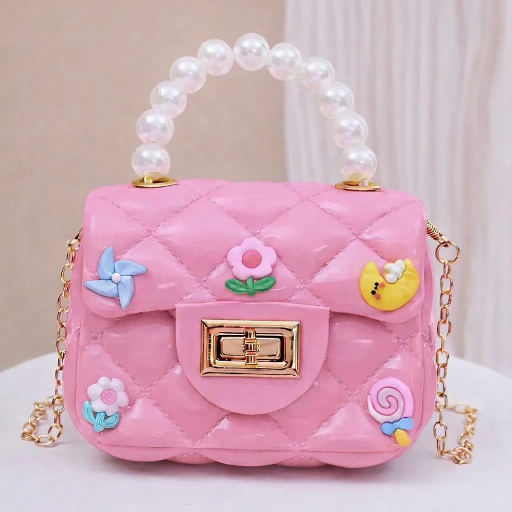 Pink Mini Crossbody Bag for Girls with Pearl Handle & Candy Appliques