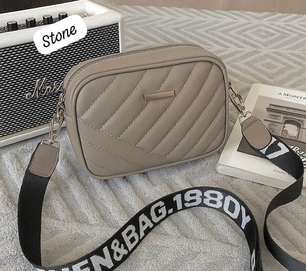 Quilted Crossbody Bag Beige Black Strap