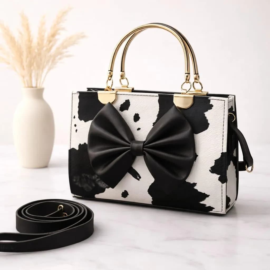 Women's Black Bow Shoulder Bag 7x10 Inches Leather