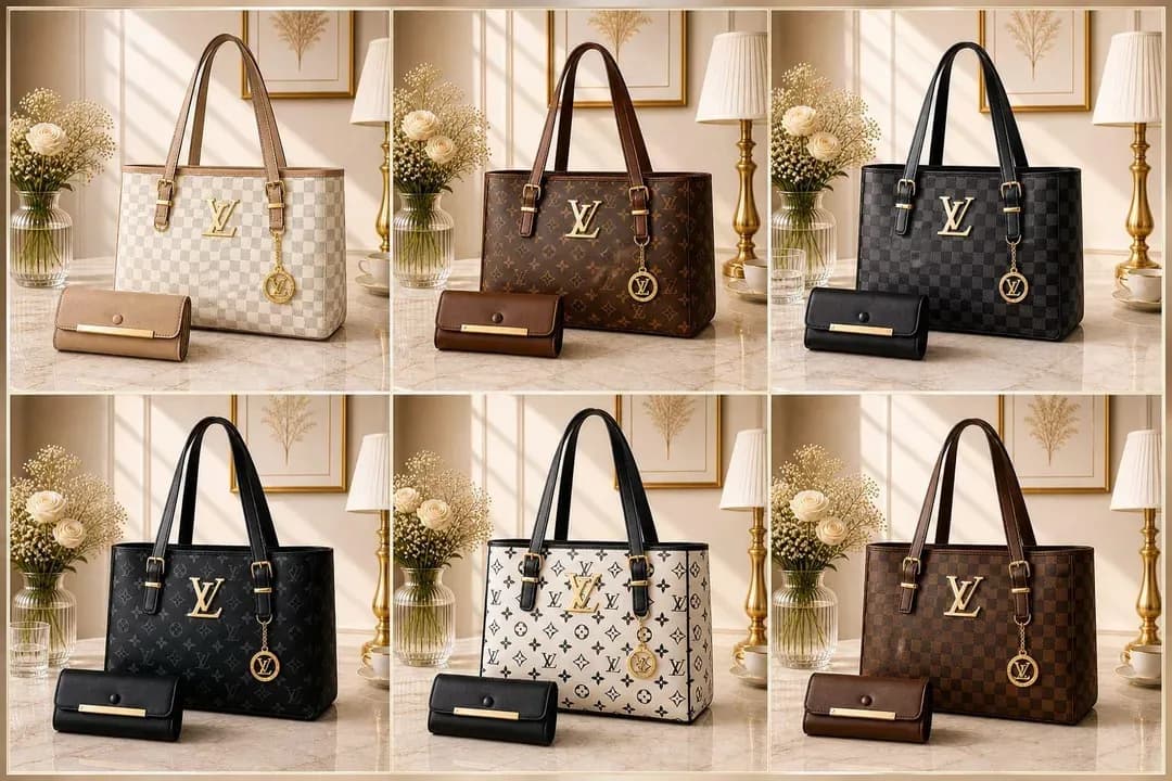 Luxury Brown LV Checkered Handbag Set with Card Pouch