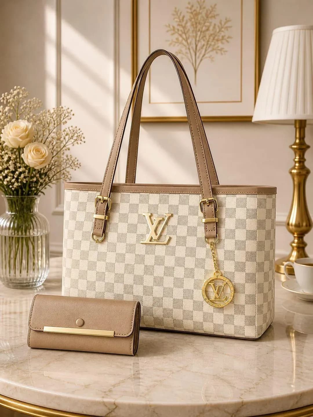 LV Checkered Shoulder Bag with Wallet Set