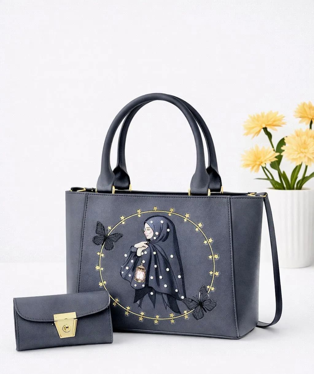 Grey Printed Girl Handbag Set with Wallet 8x10"