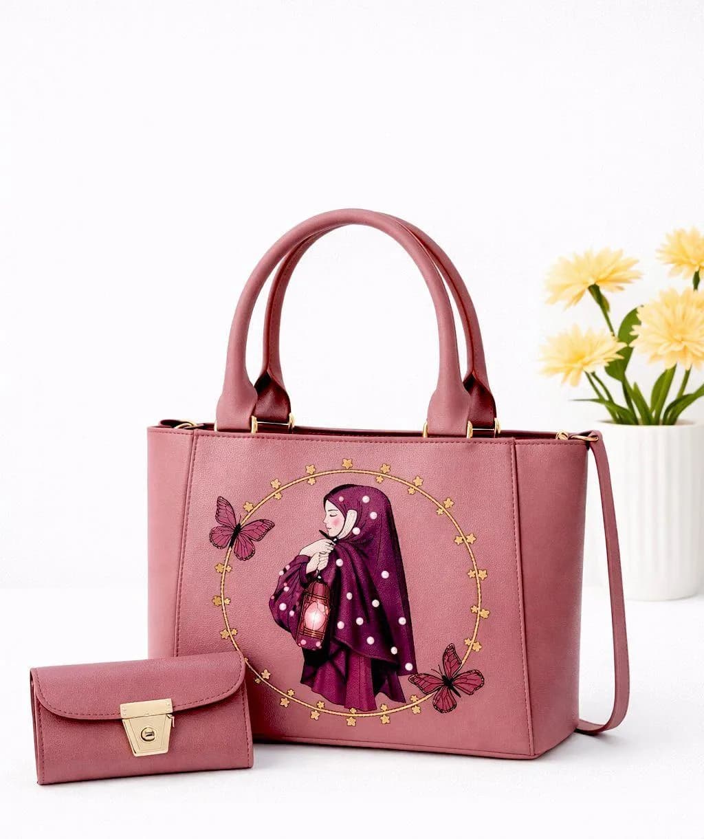 Girls Pink Butterfly Handbag & Wallet Set 8x10" Leather