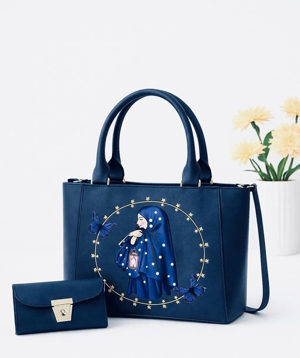 Blue Printed Girl Handbag Set with Wallet