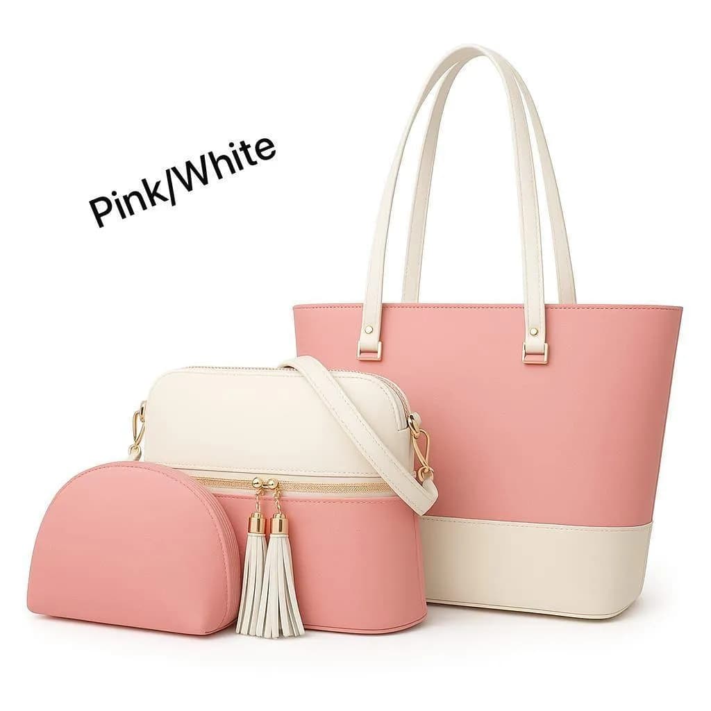 Pink White 3-Piece Leather Bag Set for Women