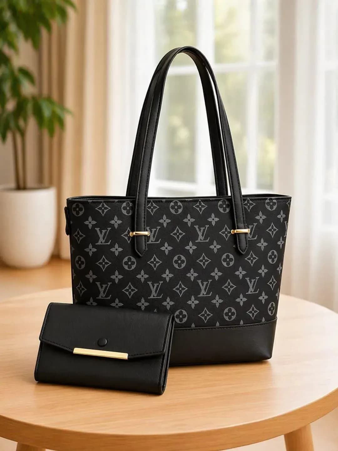 Black Leather Top Handle Women's Shoulder Bag Set
