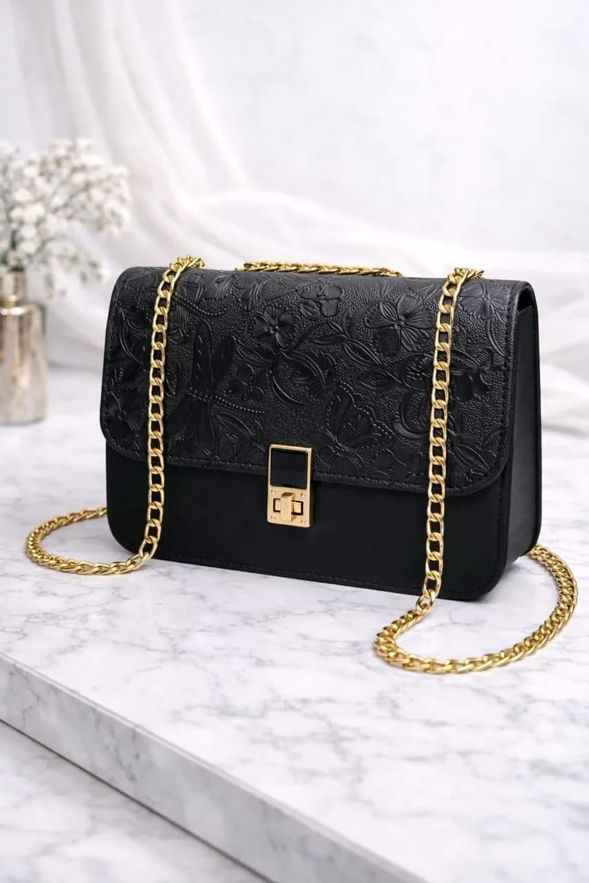 Black Embossed Floral Shoulder Bag with Gold Chain Strap
