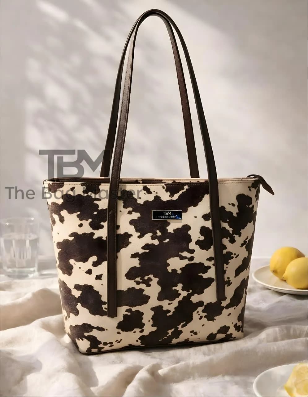 Cow Print Tote Bag Black White Dual Straps