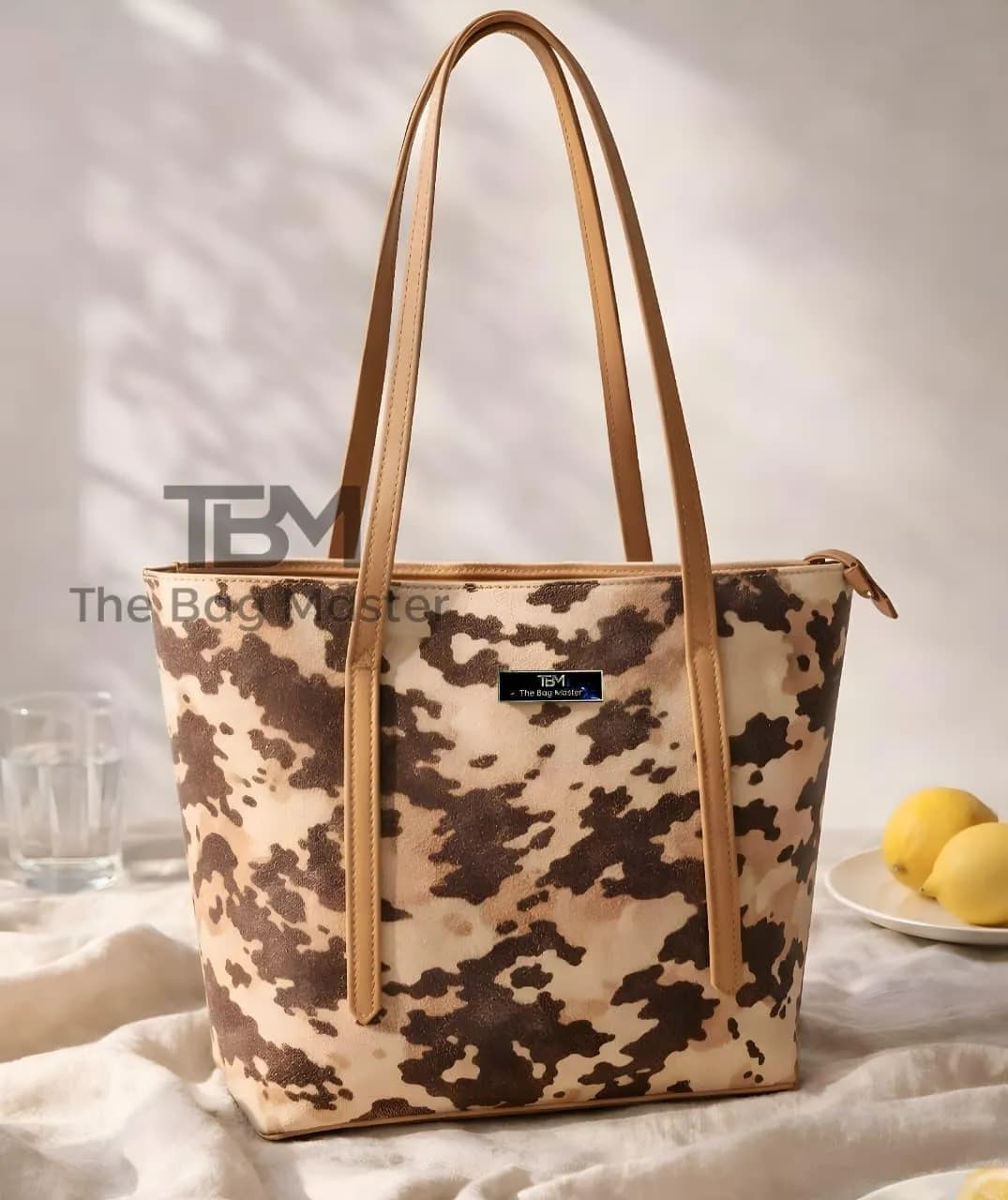 Cow Print Tote Bag Brown Beige Women's Carryall