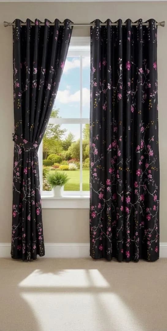 Black Floral Curtains with Pink Design